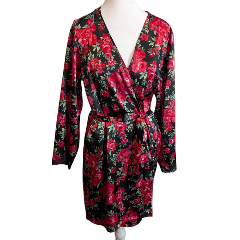 New Women's Pink K Robe Lingerie Tie‎ Waist Flowers Black Pink Roses Size Small